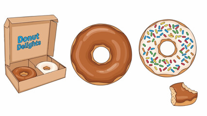 Illustrated collection of assorted donuts with various toppings.