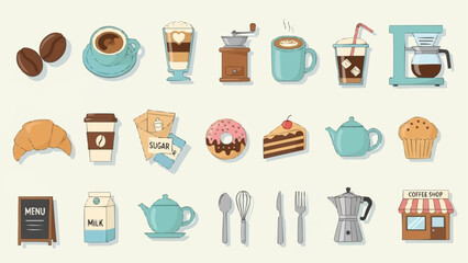 Coffee Shop Icons - A Collection of Beverages, Pastries, and Equipment.