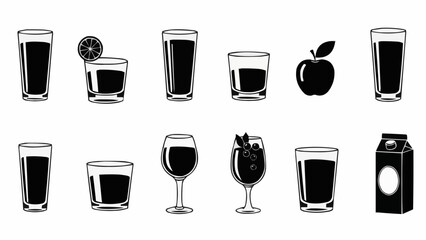 Collection of various drink glasses and a juice carton in black and white.