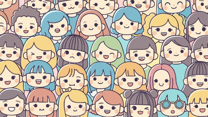 Diverse group of happy cartoon people with various expressions and hairstyles.