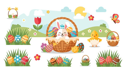 Festive Easter Elements Eggs, Baskets, and Adorable Bunny in a Colorful Spring Scene