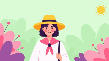 A cheerful young woman in a yellow hat enjoying a sunny spring day in a blooming garden