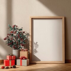 Fototapeta premium Festive decor with blank frame.
