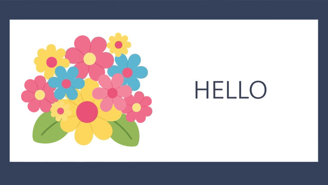 Whimsical Floral Greeting Card with 'Hello' Text and Colorful Blossoms