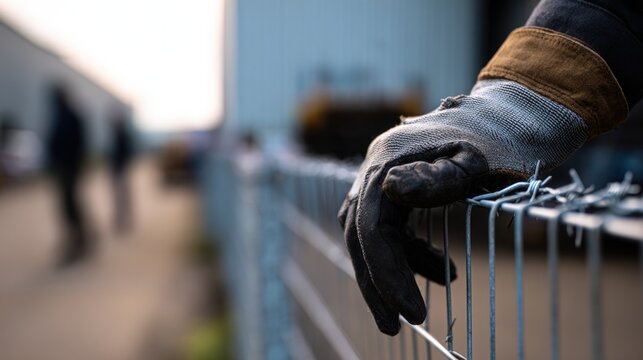 Foot patrol guard inspecting the perimeter fence of an industrial warehouse vigilant and ready to respond to security threats.