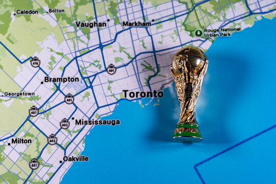 November 23, 2025, United States.  Gold Cup on the background of a map of Toronto, one of the cities hosting the 2026 FIFA World Cup
