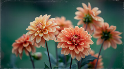 Vibrant orange dahlia flowers with delicate petals blooming gracefully against a soft, blurred green backdrop
