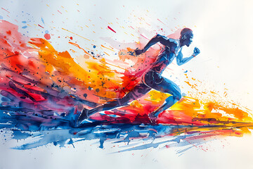 Fototapeta premium Dynamic male athlete in motion, captured in vibrant watercolor illustration, showcasing speed and energy against a backdrop of colorful splashes and abstract patterns