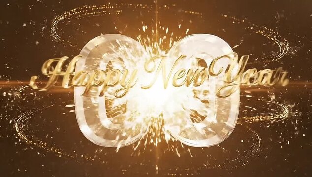 Sparkling golden 'Happy New Year' celebration with explosive light bursts and swirling glitter.
