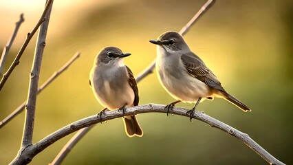 Fototapeta premium Enchanting Morning Light Captures Two Verditer Flycatchers Perched Gracefully on a Twig, Embracing the Serene Beauty of Wildlife in a Natural Setting with an Artistic and Peaceful Atmosphere 184