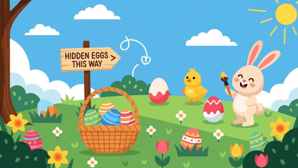 Happy Easter illustration with a cute bunny, a chick, a basket of decorated eggs, and a sign pointing to hidden eggs, set against a sunny meadow backdrop