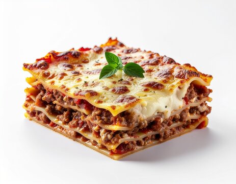 Cheesy baked lasagna slice with meat sauce and basil leaf