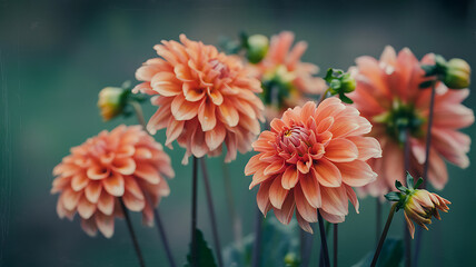 Vibrant orange dahlia flowers in full bloom, showcasing their intricate petals and warm hues in a lush garden setting