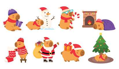 Cute Christmas capybara illustrations set with gifts, snowman, fireplace, Santa capybara, candy cane, tree decorating and festive winter activities