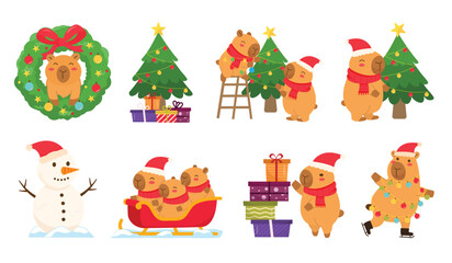 Cute Christmas capybara illustration set featuring festive activities such as decorating trees, sledding, skating, building snowmen, arranging gifts, and holiday wreath designs