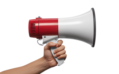Hand holding a red and white megaphone Isolated on transparent background, png for announcements and communication