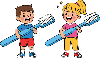 Cartoon kids brushing teeth with giant toothbrushes promoting dental hygiene, oral care, healthy habits, and smiling faces in colorful style