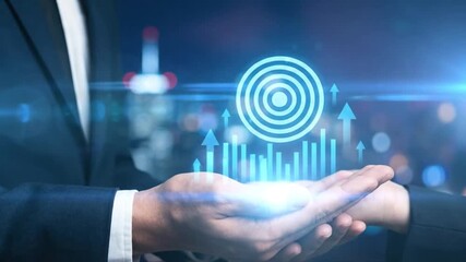 Business Growth Strategy: Hands Presenting Digital Target, Upward Arrows, and Bar Graph on a Futuristic Background