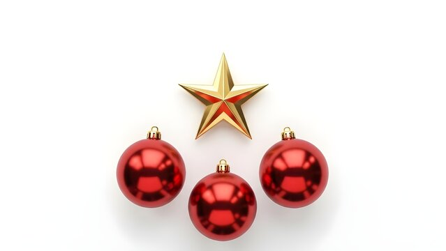 A minimalist holiday composition of three glossy red Christmas baubles and a golden star, perfectly isolated on a transparent background. The ornaments reflect soft light, creating a classic and elega