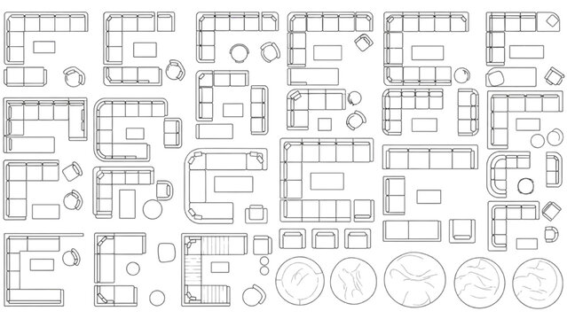 Architectural Top View Furniture Symbols: Large Living Room Seating Plan Set with Sectional Sofas and Chairs