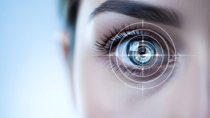 Close up of a human eye with a target overlayed on the pupil for visual focus and precision