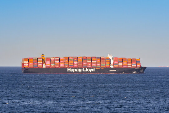 Atlantic Ocean - 15 January 2025: Container ship Berlin Express, which is operated by the Hapag-Lloyd shipping company