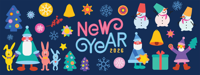 New Year 2026 Holiday Cartoon Element Set Illustration