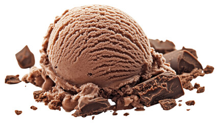 Chocolate ice cream scoop with chunks isolated on a transparent background