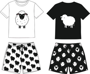 Cartoon sheep matching t-shirt and shorts set for kids, cute animal sleepwear design, black and white vector illustration