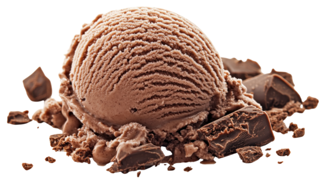 Chocolate ice cream scoop with chunks isolated on a transparent background