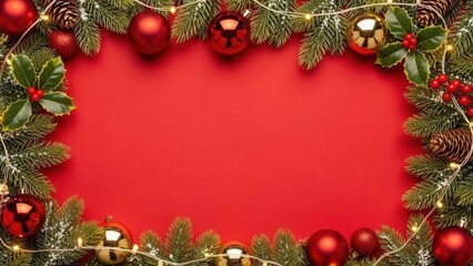 Red Christmas Frame With Green Garland