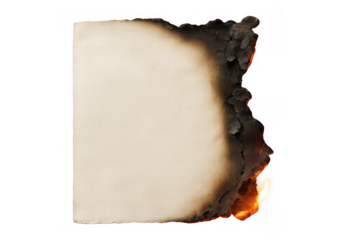 Paper document burning with orange flame and dark charred edges on a transparent background