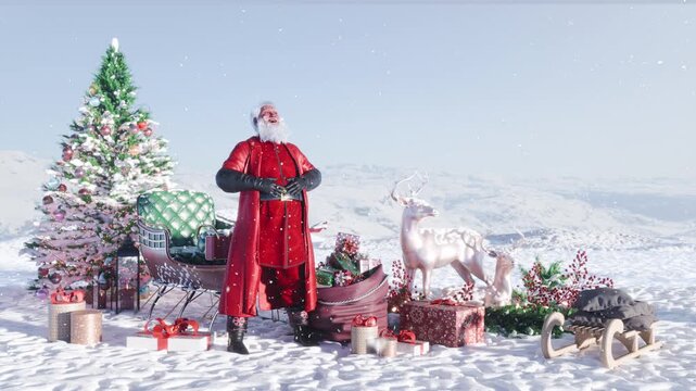 Santa Claus standing in snowy Christmas landscape with falling snow loop