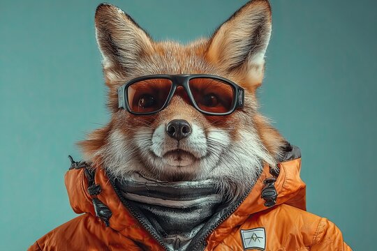 A fox in a ski suit and black glasses descends from a mountain. Against a solid colored background. Real photo
