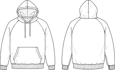 Front and back view flat sketch of a hooded sweatshirt with pocket