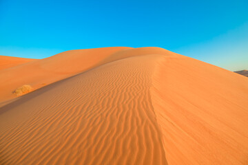 sunset panorama in Empty quarter desert dunes of Oman. Rub' al-Khali desert view.