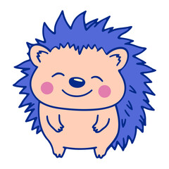 Illustration of a cheerful blue hedgehog with pink cheeks and closed eyes smiling happily on white © tinybrushcreations