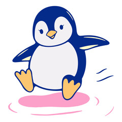 Cartoon penguin jumping on a pink surface with blue and white coloring and a cheerful expression
