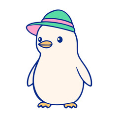Illustration of a cartoon penguin with a green and pink hat standing upright on a white background
