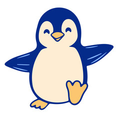 A cartoon penguin with dark blue feathers and a light yellow belly smiling and walking happily along