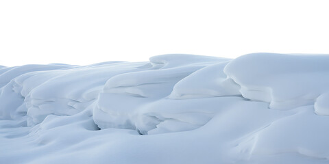 Layered snowdrifts and textured snow formations against a bright white background, isolated on white background