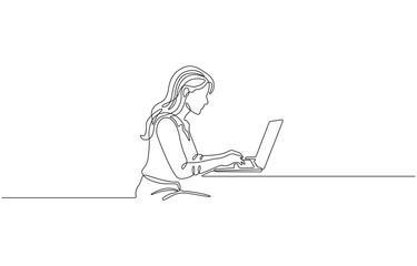 Single line drawing Women, holding and typing laptop in his hand, Portrait of a working women at a computer laptop, isolated on transparent background.