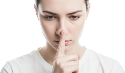 Young woman with finger to lips silent gesture eyes downcast white t shirt isolated secret quiet hush