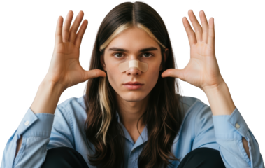 Young man with long brown hair wearing a blue shirt bandage on nose hands framing face male portrait transparent background