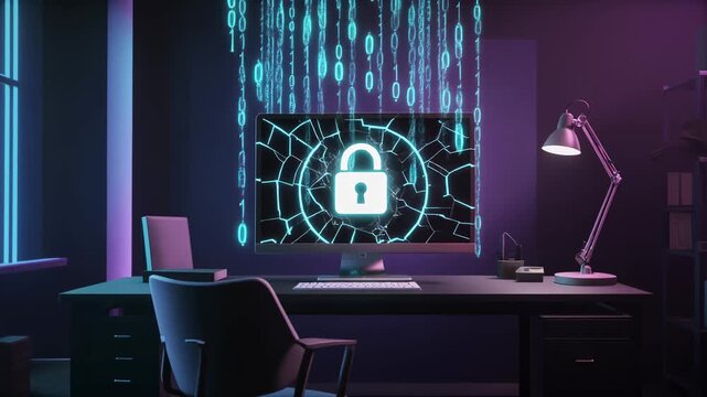 Digital security breach concept glowing padlock on cracked computer screen with falling binary code in neon lit office