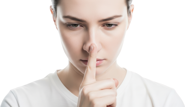 Young woman with finger to lips silent gesture eyes downcast white t shirt isolated secret quiet hush