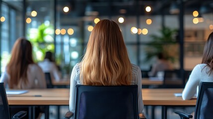 Businesswomen team collaborating in modern office setting, strategizing for success in open workspace, fostering teamwork and professional growth