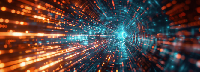 Digital Tunnel of Light: An abstract representation of a digital tunnel, with streaks of light, creating an otherworldly and futuristic visual experience. A visualization of data.
