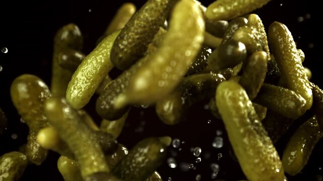 Pickled cucumbers fly and fall on a black background. Filmed on a high-speed camera at 1000 fps. High quality FullHD footage