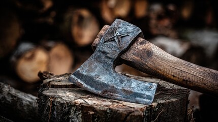 Close Up Of An Axe Resting On A Chopping Block With Stacked Wood In The Background